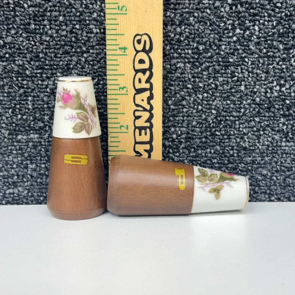 Vintage Nevco Japan Wood and Ceramic Floral Salt and Pepper Shakers Set MCM Rose